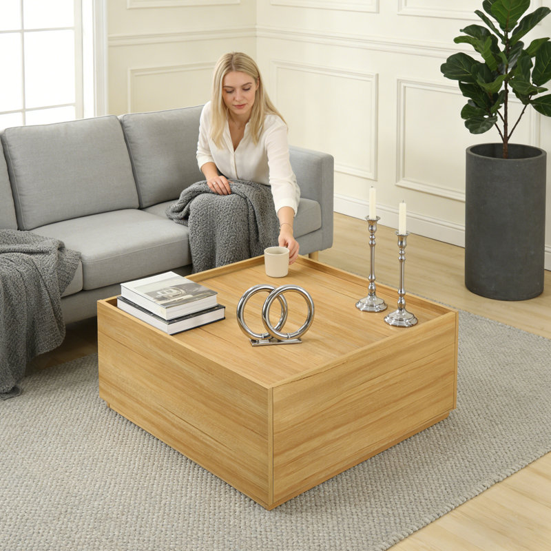 Ensemble de 2 tables basses carrées de rangement et table d'appoint ronde, ensemble de table de salon en bois de style transitionnel avec 2 tiroirs latéraux et table d'appoint ouverte
