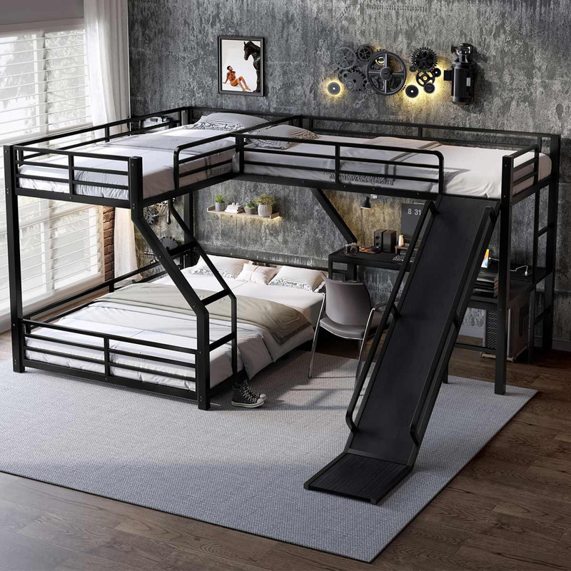 Lit superposé triple en métal, lit superposé avec lit mezzanine simple, avec glissade et ports USB, noir