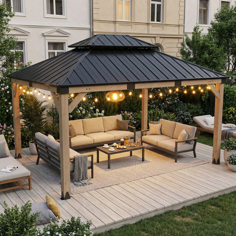 12Ft X 14Ft Wood Patio Gazebo With Hardtop Steel Roof