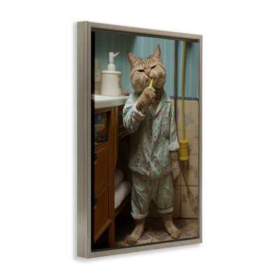 Cat Brushing Teeth Framed Floater Canvas by Roozbeh Bahramali