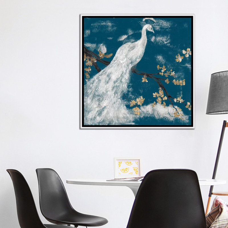 "White Peacock on Indigo I" par Jennifer Goldberger-impression, H 37 po x l 37 po x P 1,5 po, Toile blanche encadrée