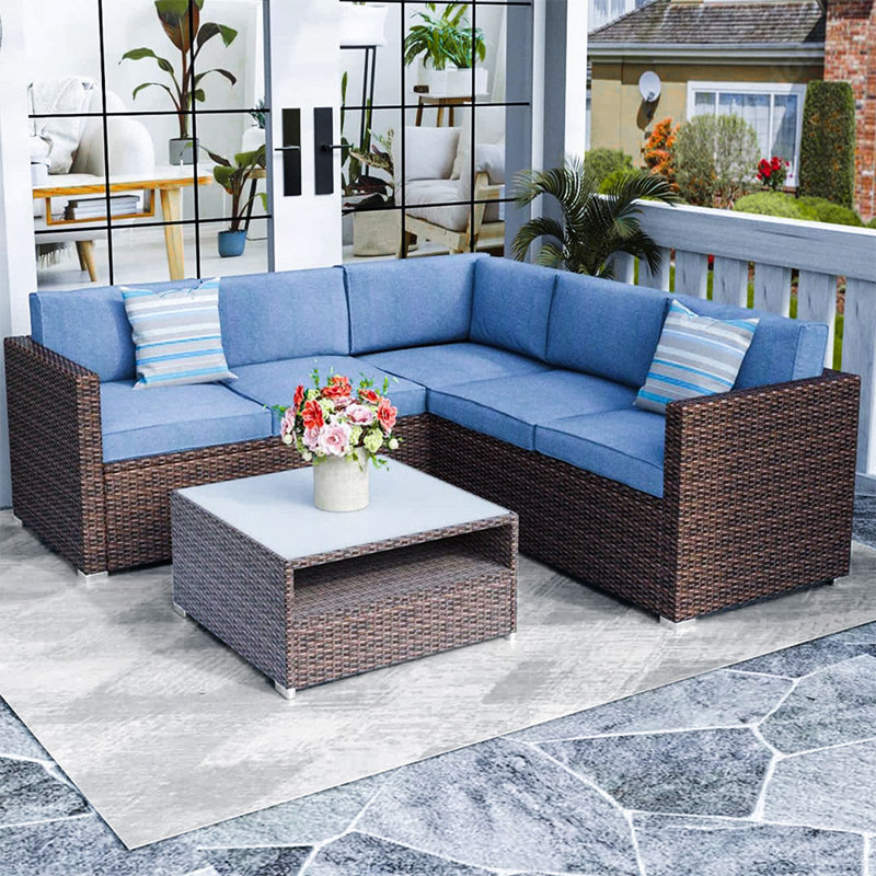 Ensemble de conversation avec coussins 4 pièces pour patio, Bleu
