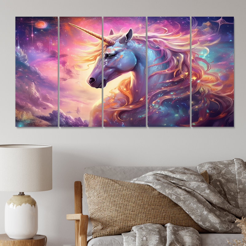 Licorne cosmique mauve magique II - fantaisie, décoration murale licorne - 5 panneaux égaux