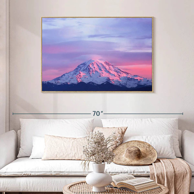 Mont Rainier, coucher de soleil rose, Cadre flottant en bois naturel, 46 po x 31 po