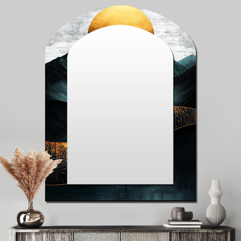 Sunrise On Golden Emerald Mountains Horizon IV - Mountains Asymmetrical Unique Wall Mirror Decor, Gold Arch Large Mirror, Printed Metal Art