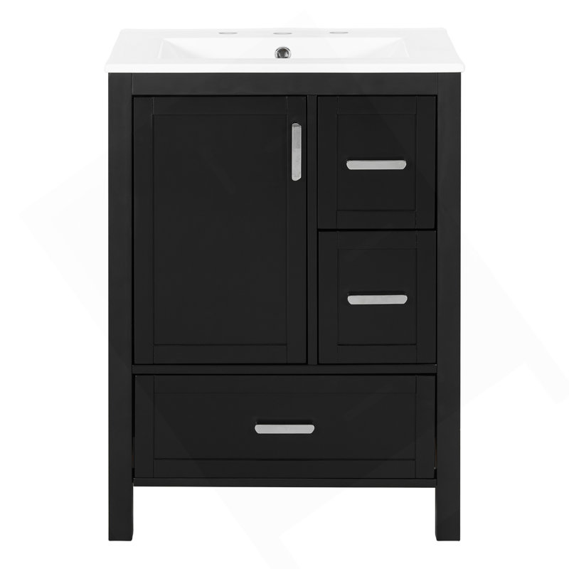Modern 24-Inch Bathroom Vanity With Ceramic Sink, Soft-Close Door, Double-Layer Door Shelf, And 3 Drawers, Black