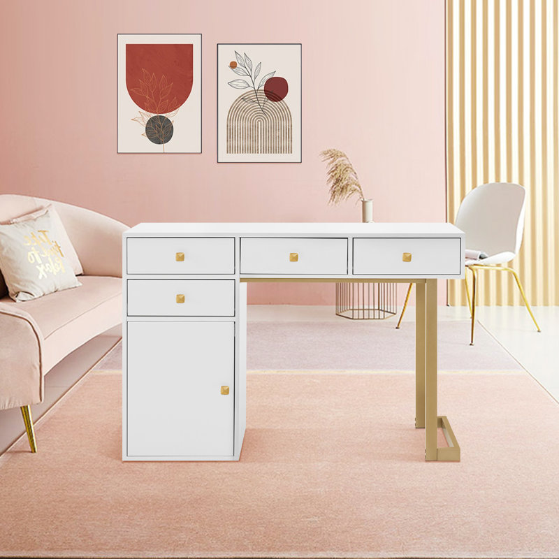 Arbadella Vanity Makeup Desk, Rectangle Accent Manicure Table with Cabinet, White/Gold