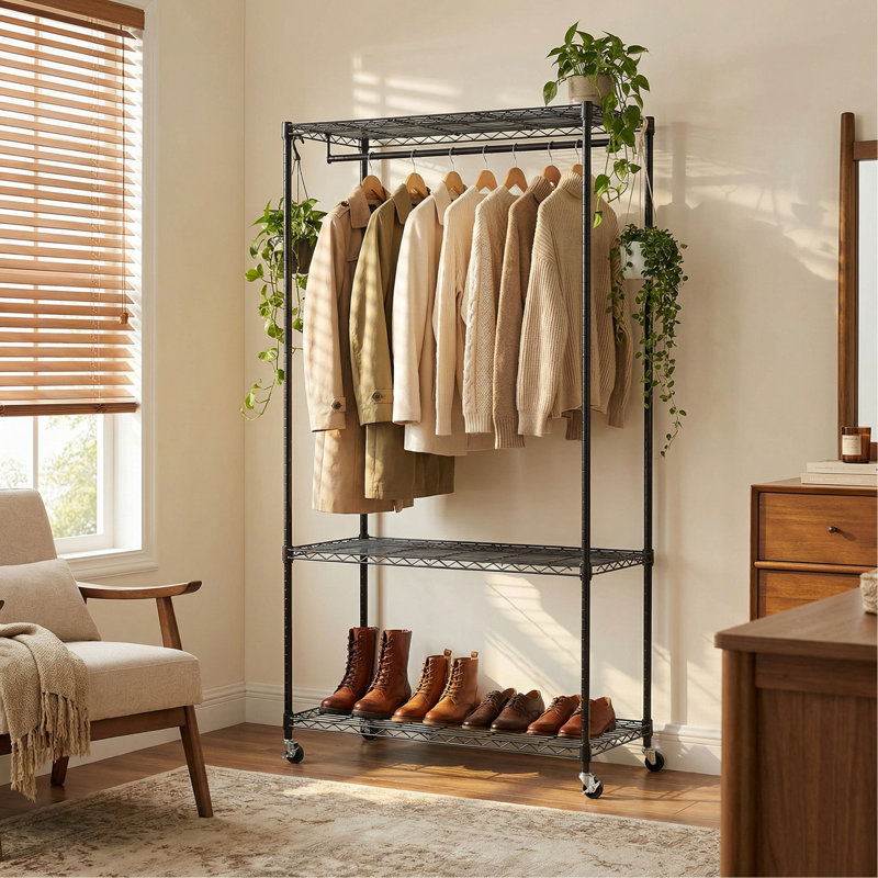 Rolling Clothes Rack, Garment Rack, Heavy Duty Garment Rack, Freestanding Clothes Rack, Closet Organizer and Storage (35.43" D x 17.72" W x 73.23" H)
