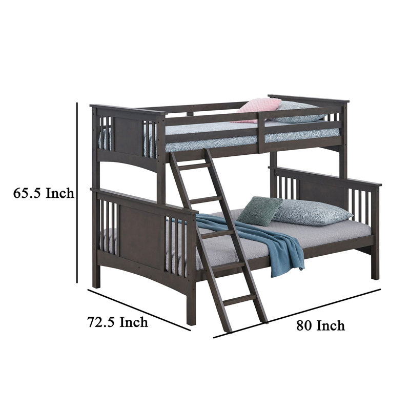 Ricky Twin Over Full Bunk Bed, Angled Ladder, Solid Hardwood, Stain Gray