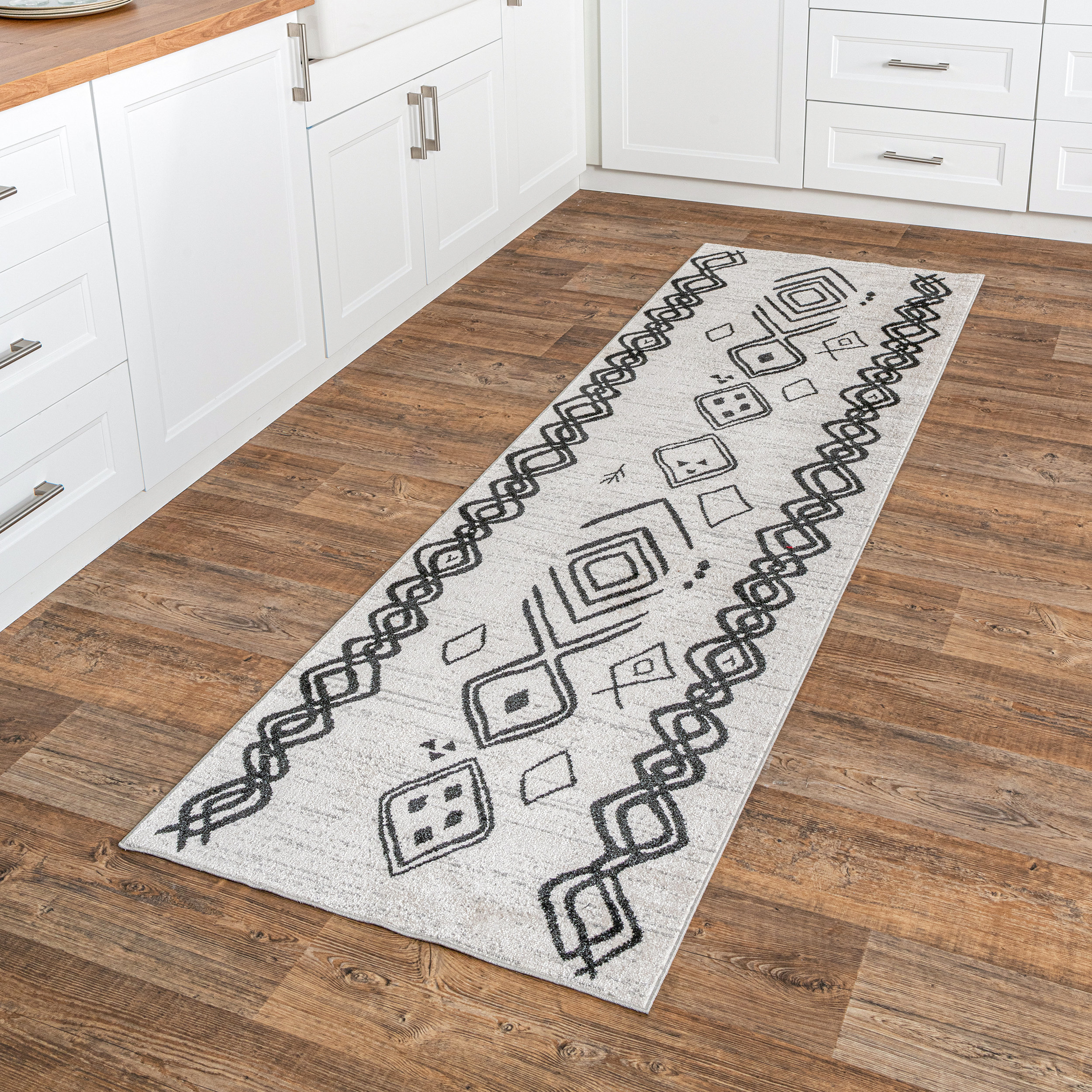 Warm Beige Moroccan Geometric Non Slip Washable Kitchen Utility Mat