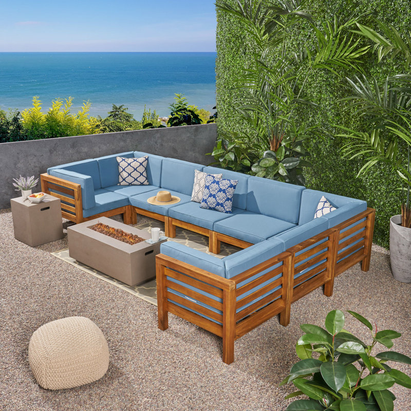 Ajanai 6 - Person Modular Patio Conversation Set with Cushions, Teak Frame / Blue Cushion