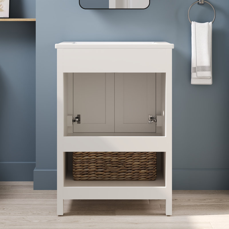 24" White Freestanding Bathroom Vanity with Ceramic Top and Woven Basket
