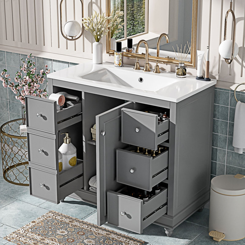 Ensemble de meuble-lavabo avec lavabo en céramique, Gris