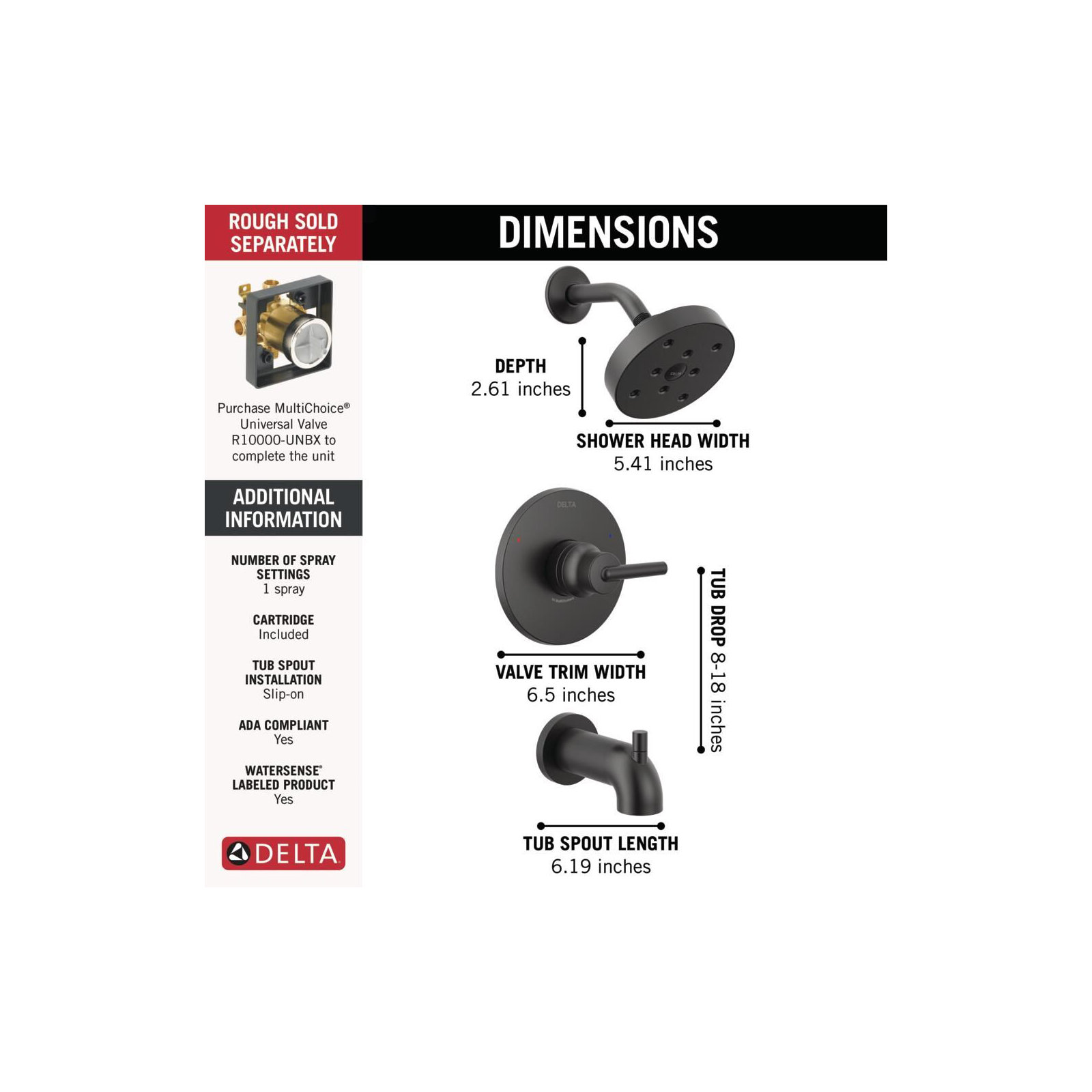 Trinsic 14 Series Single-Function Tub Shower Faucet Set, H2Okinetic Shower Valve Trim Kit, Matte Black