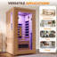 Sauna infrarouge lointain d'intérieur à faible champ électromagnétique pour une personne, avec 6 éléments chauffants infrarouges, bois massif de qualité supérieure, éclairage de chromothérapie à 7 couleurs et audio Bluetooth.
