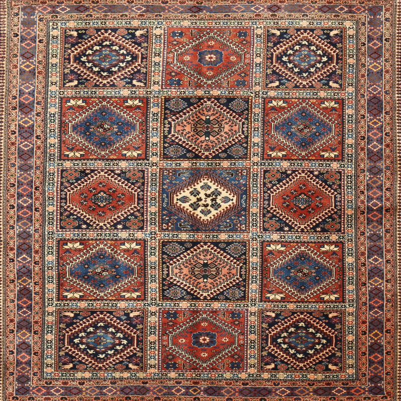 Tapis traditionnel rouge / bleu mer / beige, Carré 4 pi