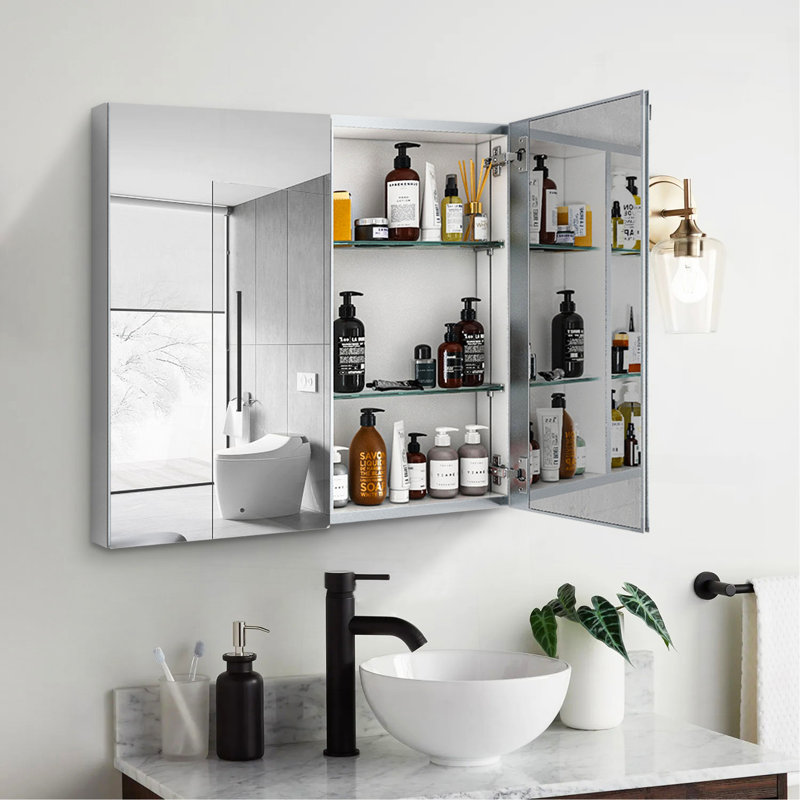 30X26 Inch Double Door Mirror Aluminum Medicine Cabinet Surface Mount Or Recessed Bathroom