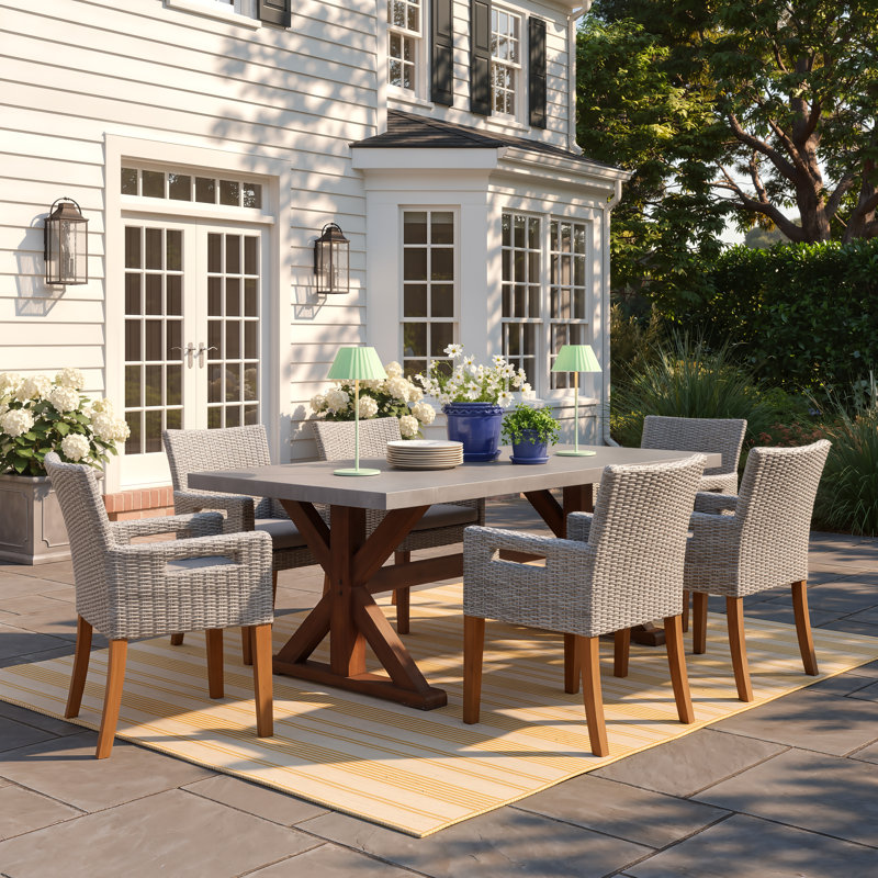 Fleur 6 - Person Premium All-Weather Wicker Patio Dining Set with Rectangular Table , Cushions Included