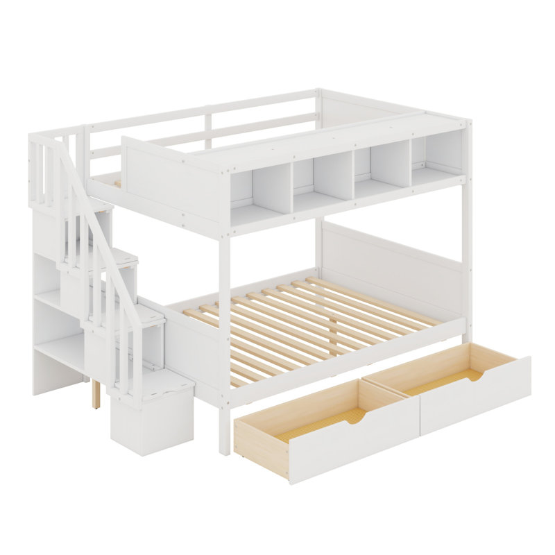 Lit superposé avec tablettes, escalier de rangement et 2 tiroirs, Blanc