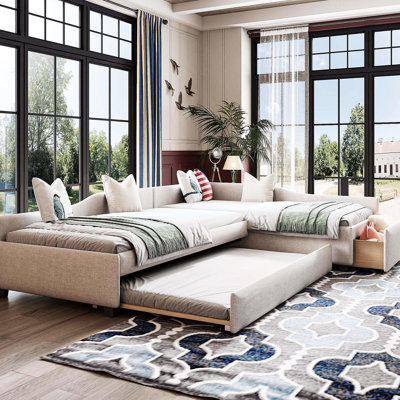 Lit de jour rembourré beige, lits simples, lit gigogne, tiroir, polyvalent, lit de jour double avec couchette et tiroir beige, multifonctionnel pour usages multiples