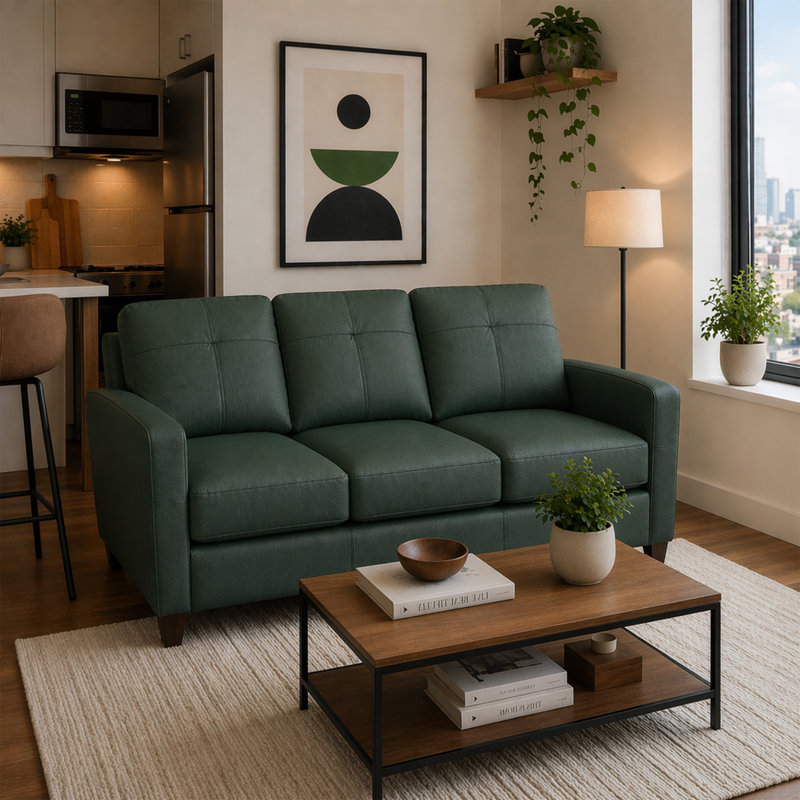 Canapé en cuir avec dossier rembourré Archdale, Cuir véritable vert, Sofa