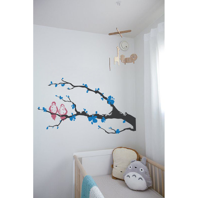 Décalcomanie murale branche arbre love oiseaux, Bleu / Rose / Noir, H 21 po x l 40 po x P 0,01 po