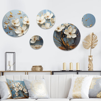 Orchidée blanche et bleue, branches d'arbres dorées VI - ensemble abstrait d'art mural floral rond de 5