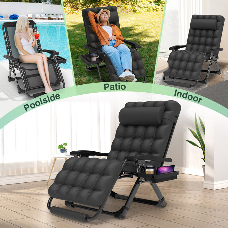 Oversized XXL Folding Zero Gravity Chair, Patio Reclining Lounge Chair 33In with Cushions and Headrest, Black