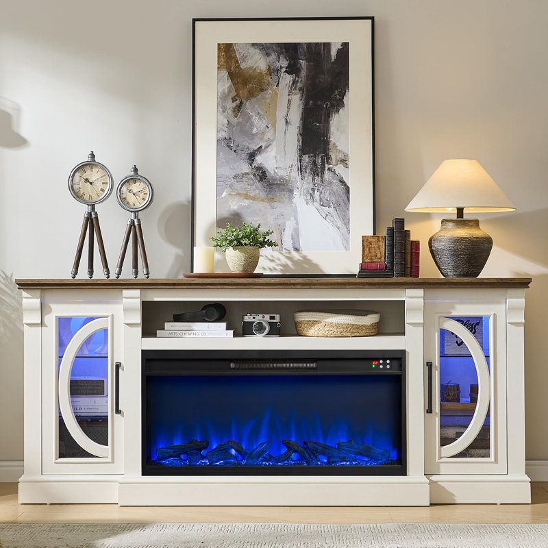 Meuble télé Crescent Fireplace, Blanc antique / brun