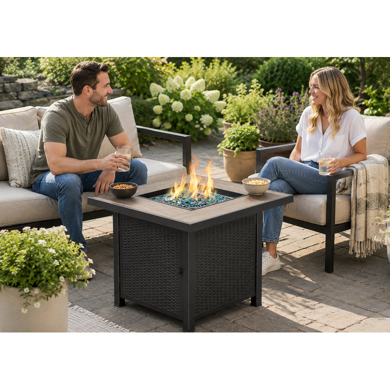 30" Square 50,000 BTU Propane Gas Fire Pit Table with Fire Glass & Hidden Tank Storage – Black Steel Frame