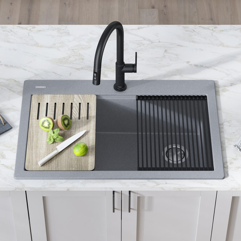 KRAUS Bellucci Workstation 33 in. Drop In Single Bowl Granite Kitchen Sink with Accessories, Metallic Gray