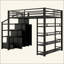 Lit mezzanine en métal avec tablettes de rangement, armoires et garde-robe
