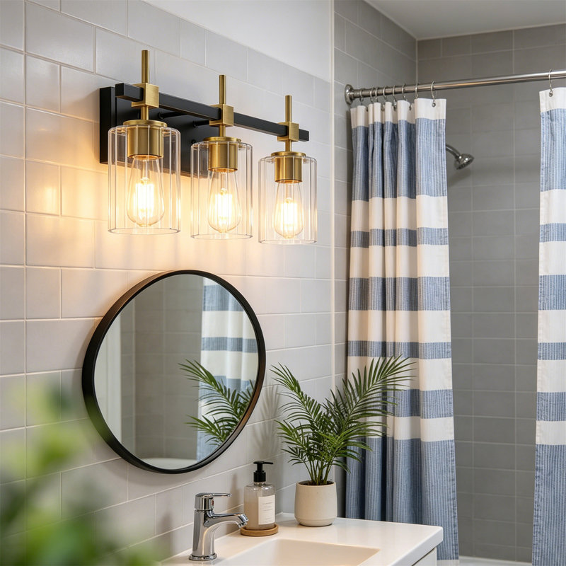 3-Lights Bathroom Vanity Lights with Clear Textured Glass Shades, Black Gold