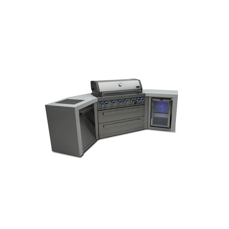 Mont Alpi 6-Burner 45-Degree Deluxe Stainless Steel Outdoor Island Grill with Compact Refrigerator