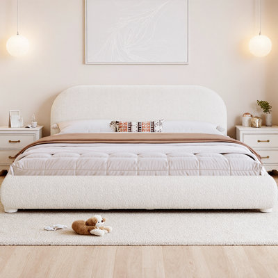 Cream Boucle Upholstered Platform Bed with Curved Headboard, Modern Wood & Metal Frame Double Bed with Textured Fabric, 800 lb Capacity, Easy 40-Minute Assembly
