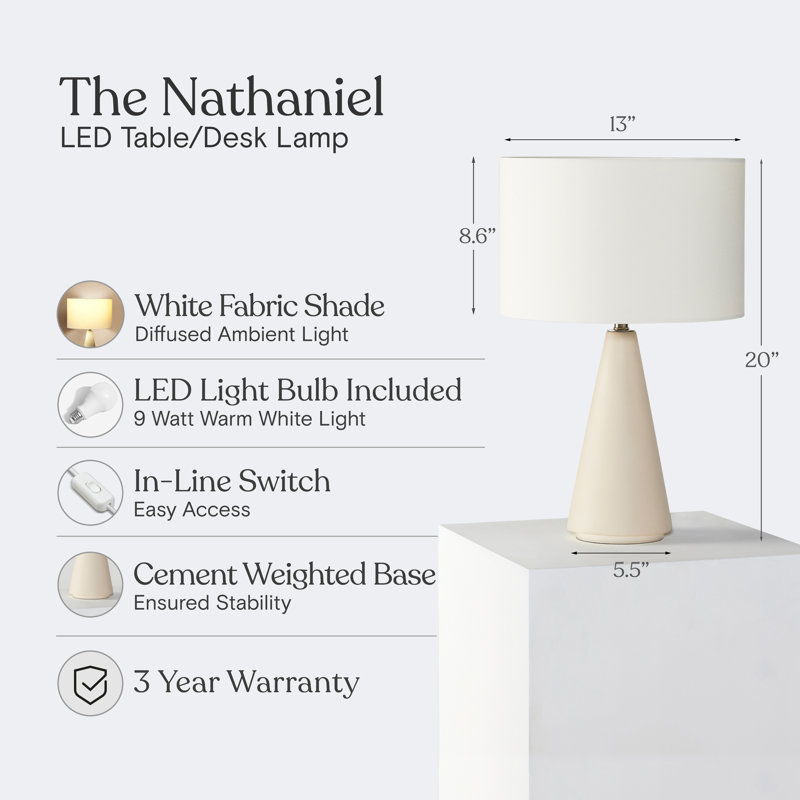 Nathaniel 20" White Cement LED Table Lamp with Cotton Drum Shade