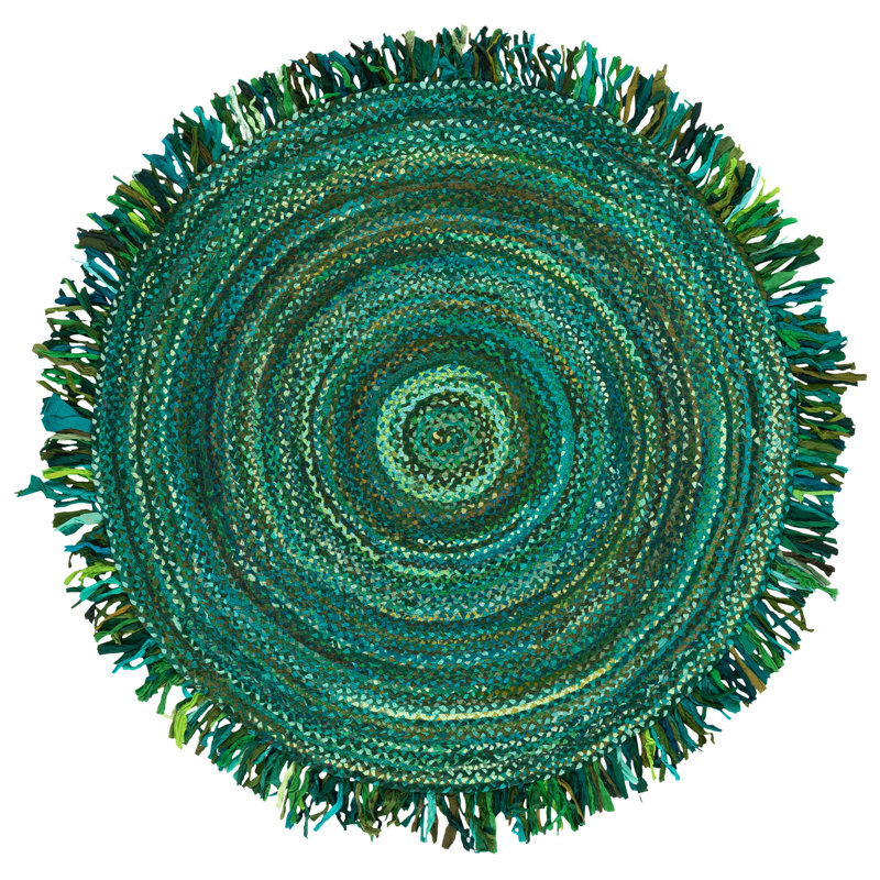 Kellems Solid Color Handwoven Cotton Area Rug in Green, Round 5'