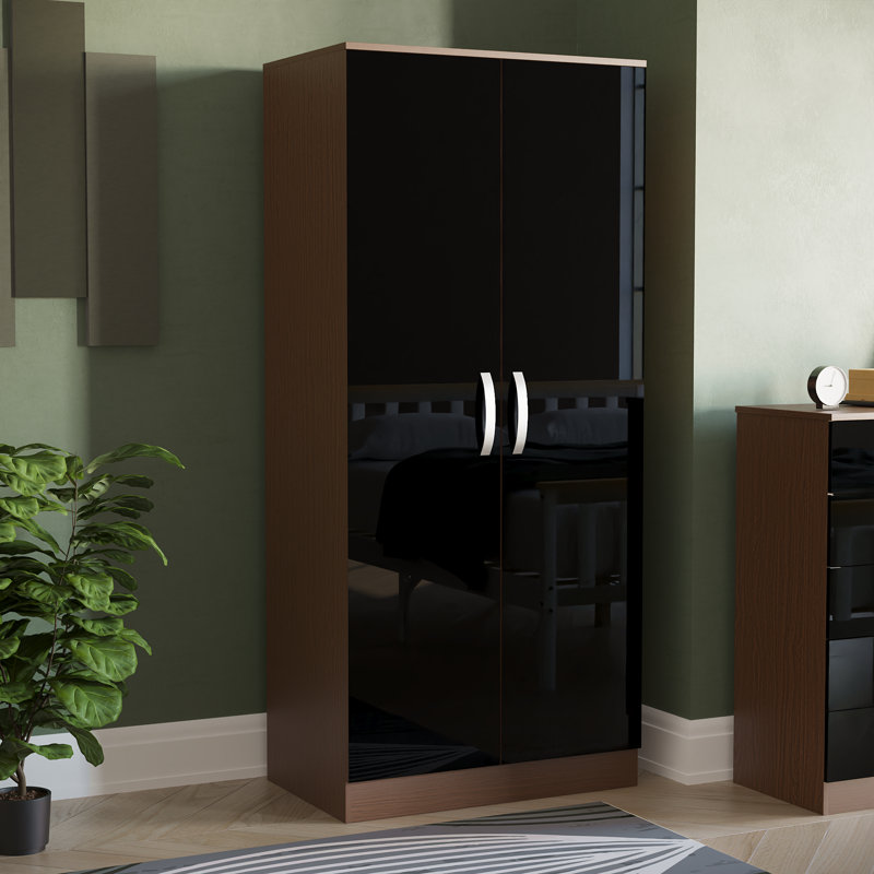 Arkadij 2 Door High Gloss Manufactured Wood Wardrobe With Internal Shelf and Hanging Rail, Black/Walnut