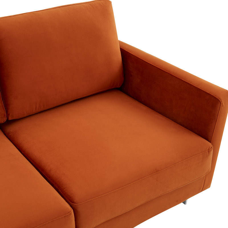 Elegant Velvet & Wood Sofa in Orange Marmalade with Gold Steel Legs