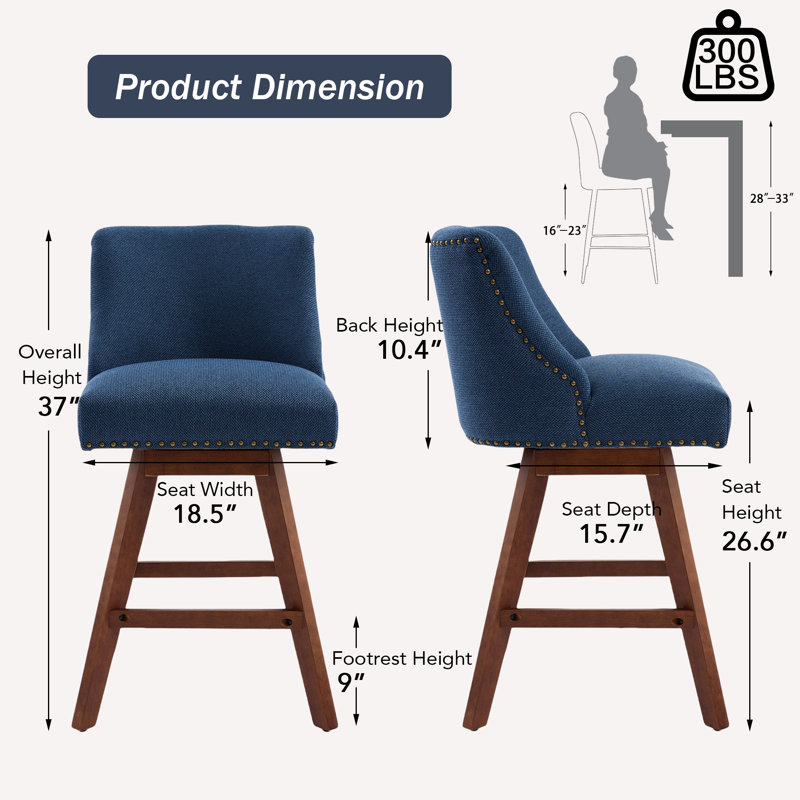 Tabouret de bar 26,6 po de hauteur Mid-Century pivotant en tissu avec pieds en bois massif brun, ensemble de 2	, bleu
