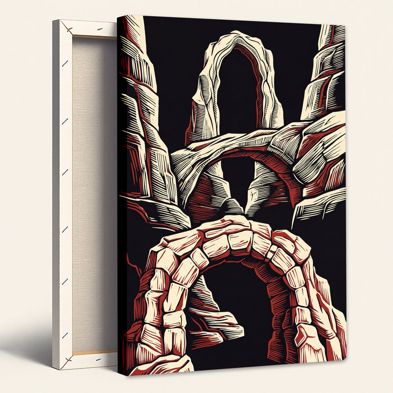 Tableau mural sur toile de style gravure sur bois avec arches en pierre rouge sur fond noir, 24"H x 18"W