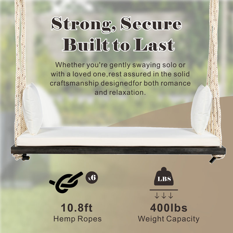 Banc de balancelle en bois d'acacia avec coussin et coussins, Beige, Brun