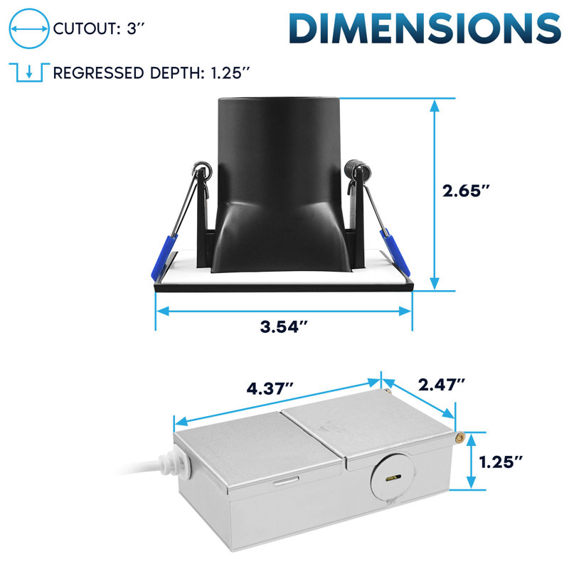 Plafonnier encastré carré DEL Luxrit 3-Inch J-Box 8W 5CCT sélectionnable 2700K-5000K, 740LM à intensité variable sans lumière