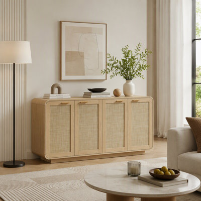 Rattan Storage Sideboard Buffet Cabinet with 4 Doors, Integrated Sturdy Base