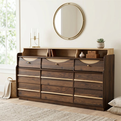 Commode à 9 tiroirs de 63 po de largeur pour chambre à coucher avec éclairage DEL, tablette ouverte, poignées rondes et poignées en bois, noyer
