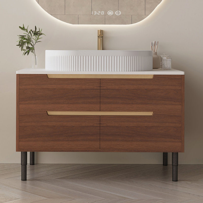 Meuble-lavabo 36 po, autoportant ou mural avec lavabo intégré en céramique et tiroirs à fermeture en douceur, Noyer