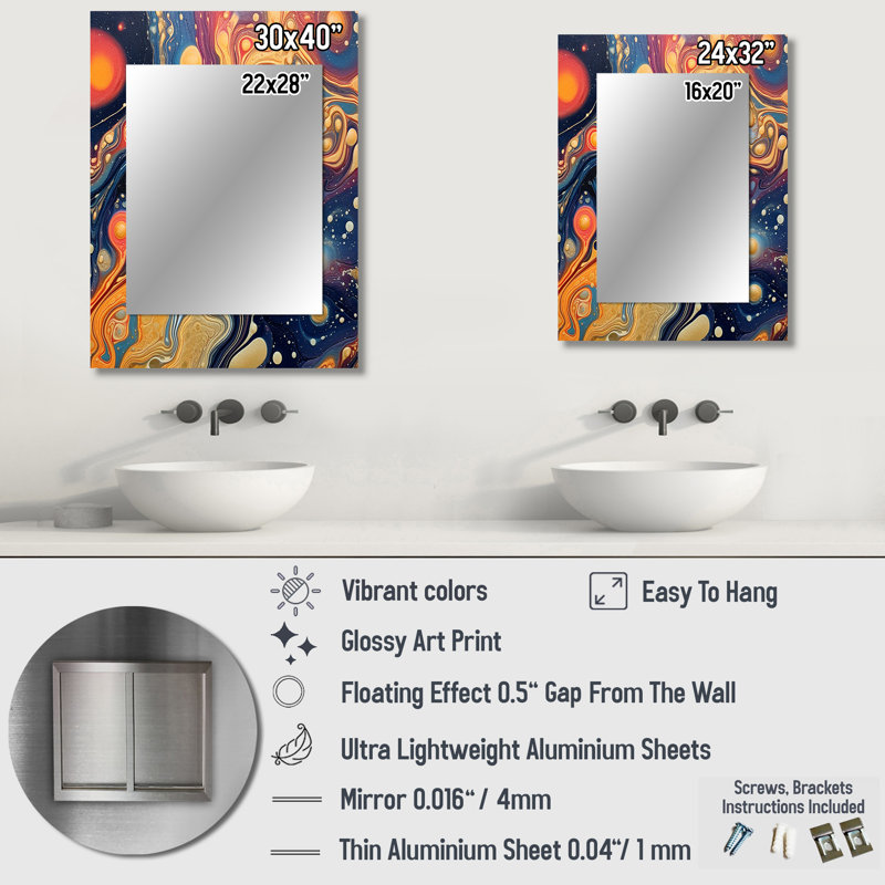Orange Blue Galactic Universe II - Comets Mirror, Modern Unique Wall Mirror, Printed Metal Art, 32" x 24"