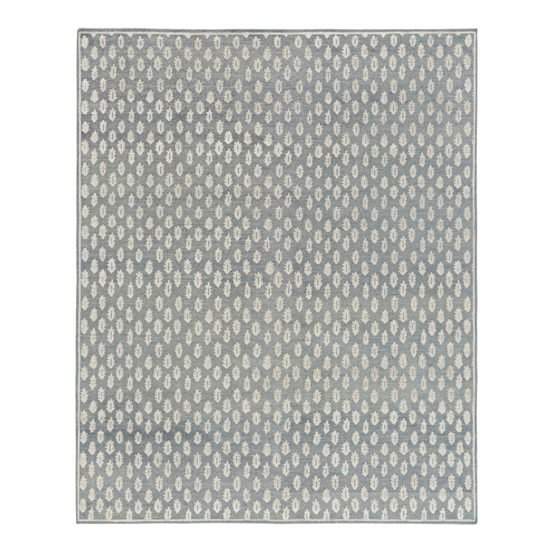 Rug & Kilim’S Modern Block Print Rug In Blue With White Floral Pattern, Rectangle 13' x 19'