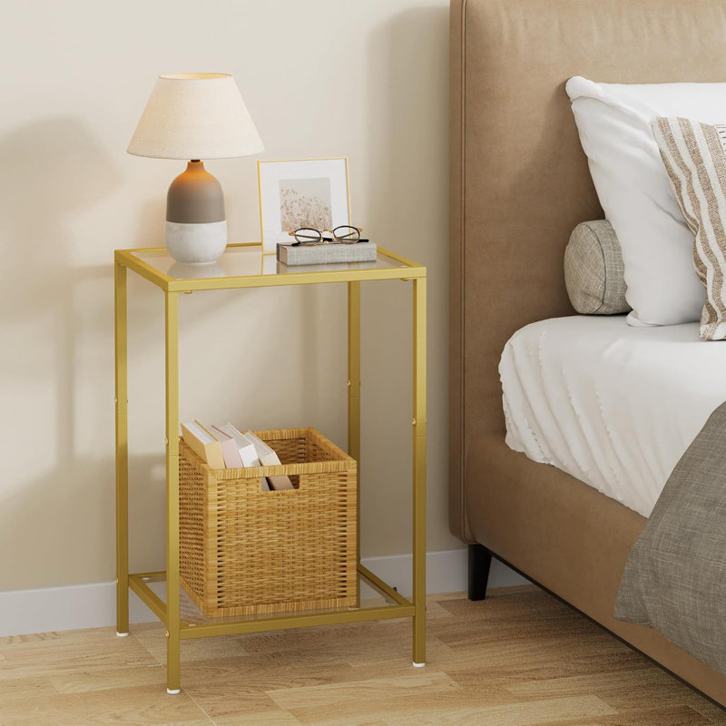 Andromedae Side Tables Set of 2, End Tables with Tempered Glass, 2-Tier Nightstands with Storage Shelves, Coffee Table with Modern Style, Slim Sofa Table for Living Room, Bedroom, 11.8" D x 15" W, Golden