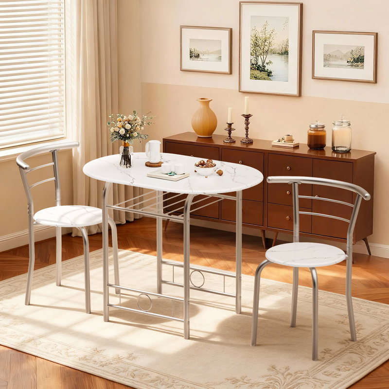 2-Person Dining Set with Storage Shelf, Space-Saving Design, White/Silver